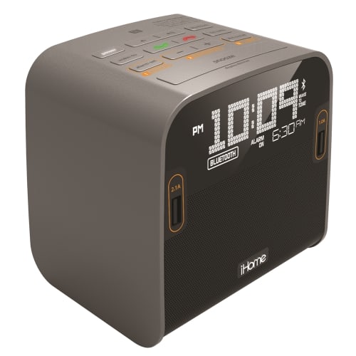 iHome HBN22G Bluetooth Alarm Clock with 2 USB Ports, Black and Gunmetal